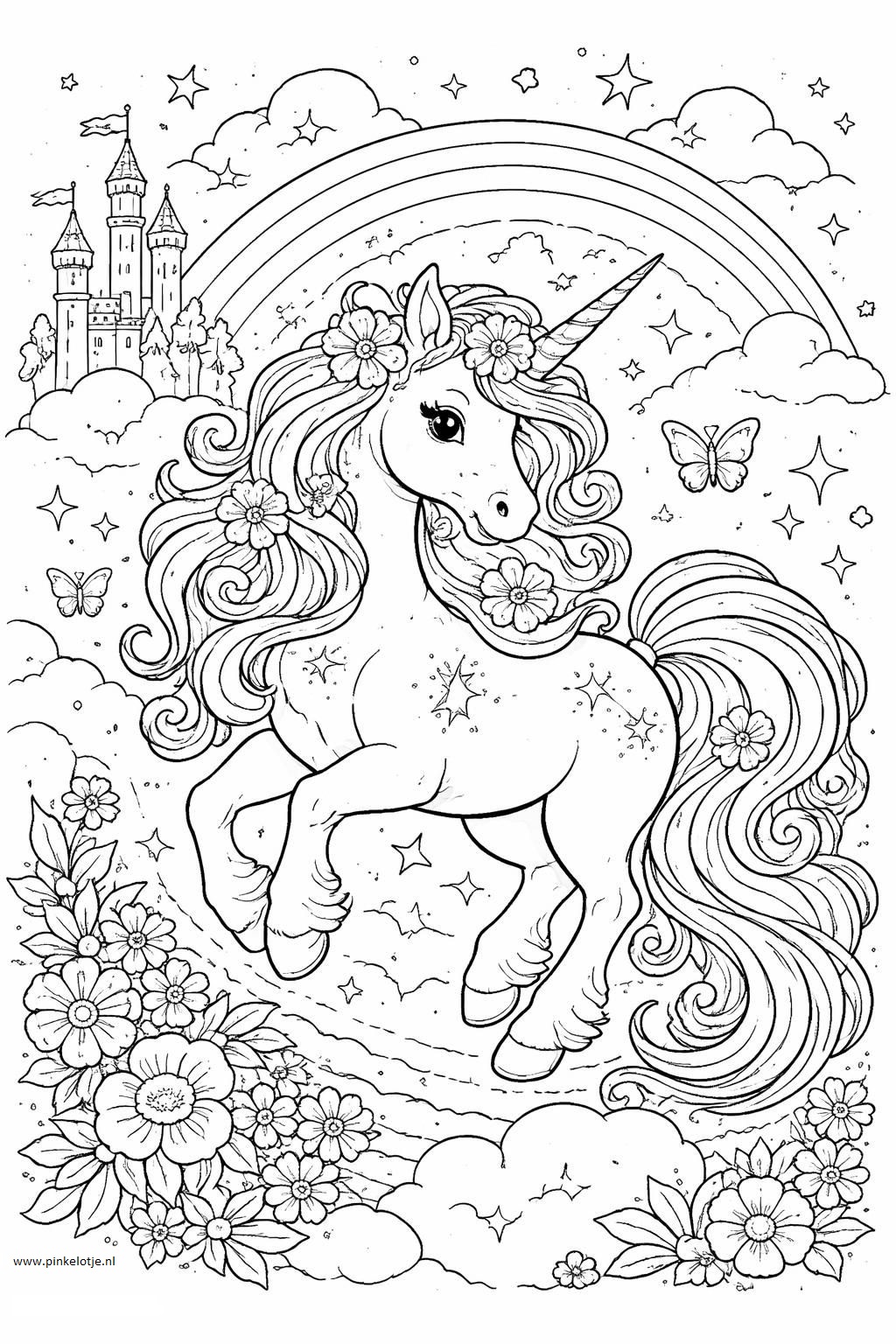 A playful unicorn happily jumping over fluffy clouds