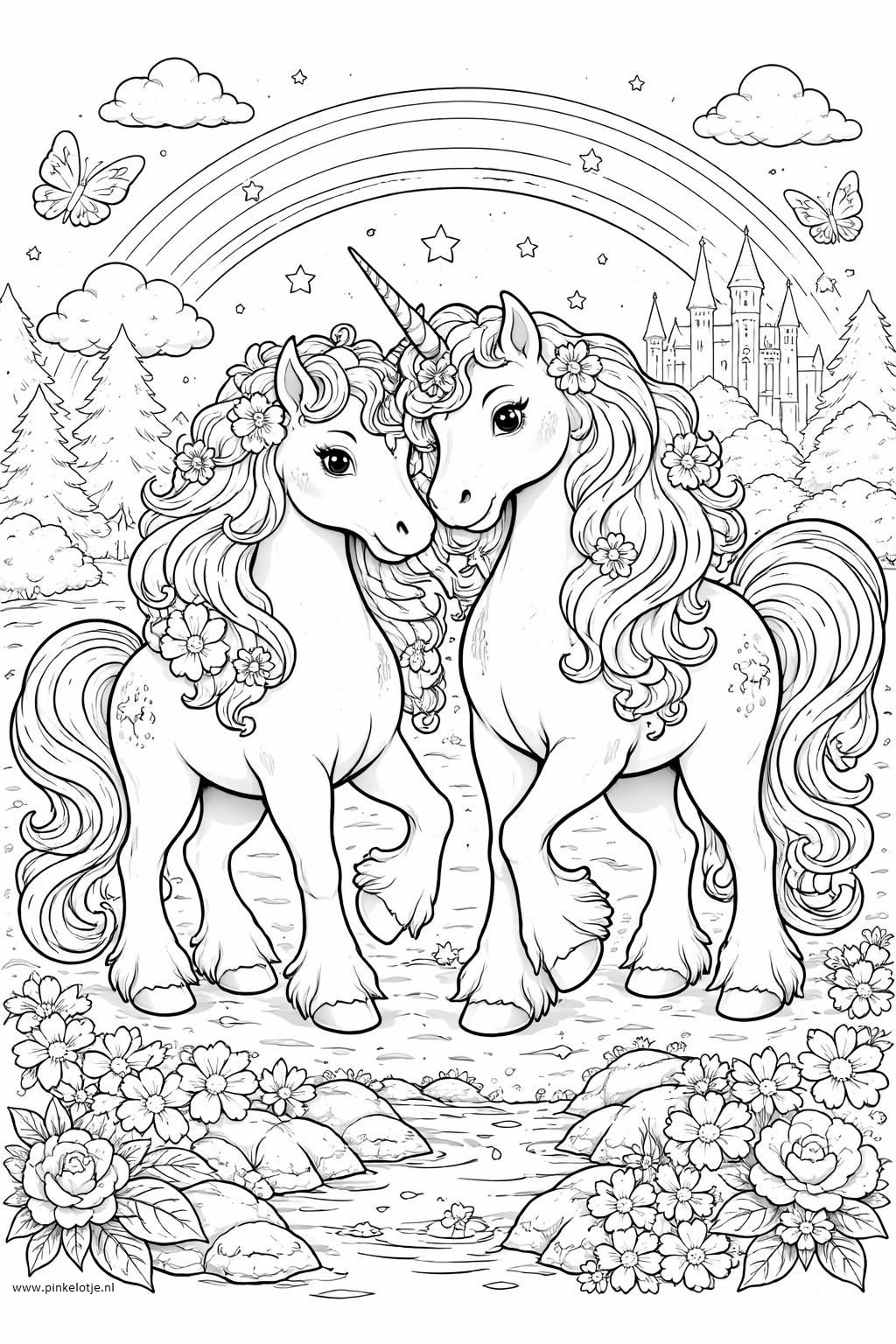 Two unicorns among a landscape with water, flowers, trees, butterflies, a castle and a rainbow in the background